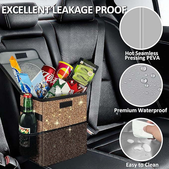 Cute Mini Car Trash Bag with Lid, Glitter Garbage Can Bin Hanging for Back/Front Seat/Console, Waterproof, Leakproof, 2.5 Gallon, Brown Bling Sparkly