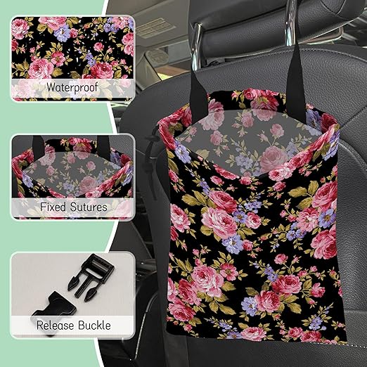 Pink Roses Car Garbage Bag,Hibiscus Waterproof Small Car Trash Bag Hanging Back of Seat,Drawstring Hanging Car Trash Bag with Adjustable Buckle for Car Accessories
