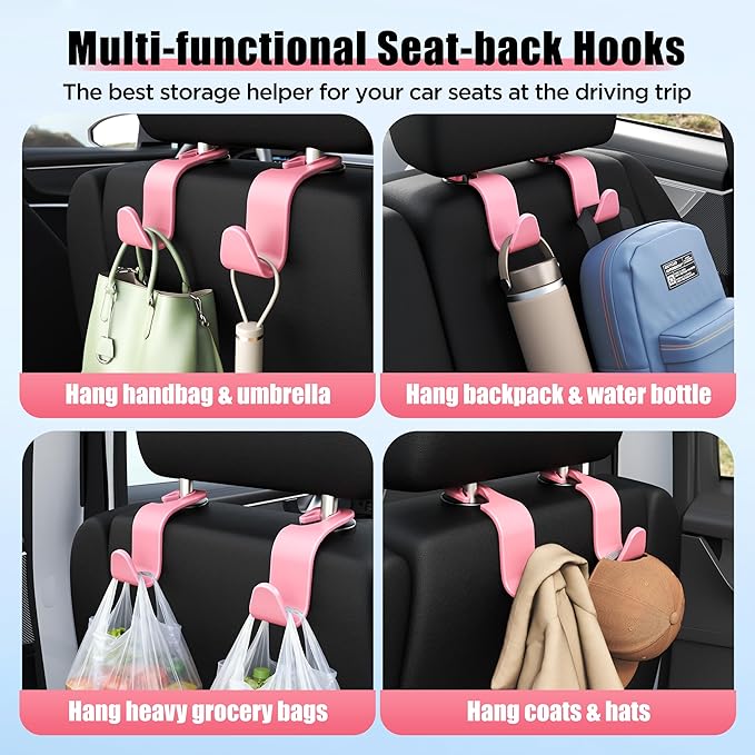 Amooca Car Seat Headrest Hook 4 Pack Hanger Storage Organizer Universal for Handbag Purse Coat Universal fit Vehicle Car Pink with Clip