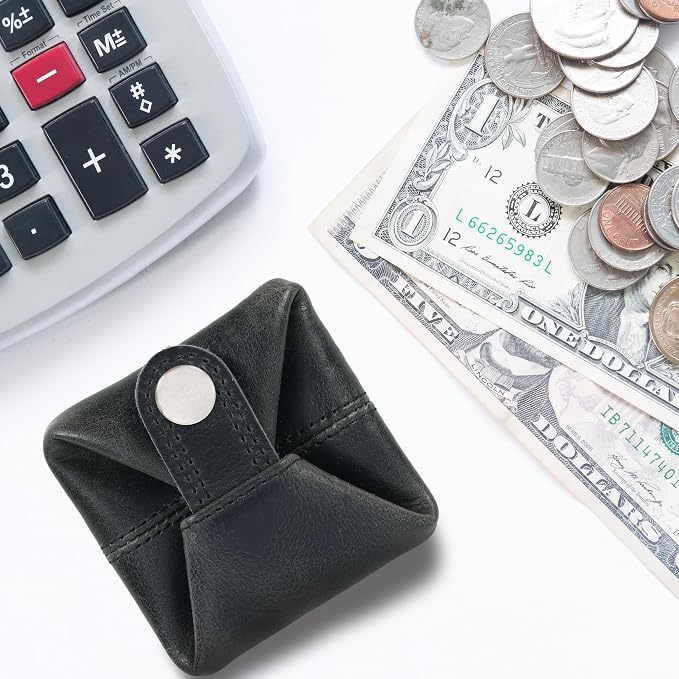 Leather Coin Pouch - Compact Change Holder and Mini Pocket Wallet for Men & Women (Black)