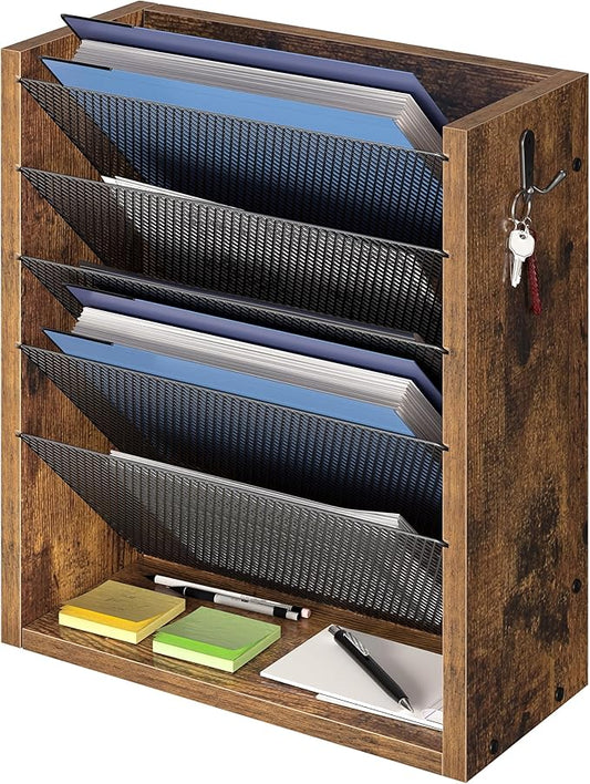 Mail Organizer Wall Mounted, 6-Tier Wall File Organizer with 2 Hooks, Wooden Desk Organizer Magazine Holder with Bottom Flat Tray, for Office Home, Rustic Brown