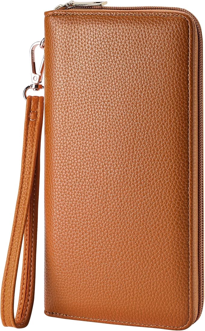 Chelmon Women's Vegan Leather Clutch Wallet with Zip, Hand Strap, Large Capacity