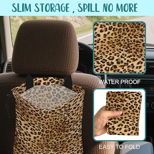 Car Trash Bag Brown Leopard Leak-Proof Waterproof Car Garbage Bag with Drawstring Foldable Canvas Trash Bin with Adjustable Buckle for Car Accessories, Travelling, Camping