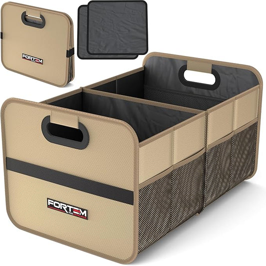 FORTEM Car Trunk Organizer, Collapsible Two Compartment Organizer, Foldable SUV & Truck Storage for Car Accessories for Women Men, Non Slip Bottom, Sturdy Side Walls, Strong Handles, 45L