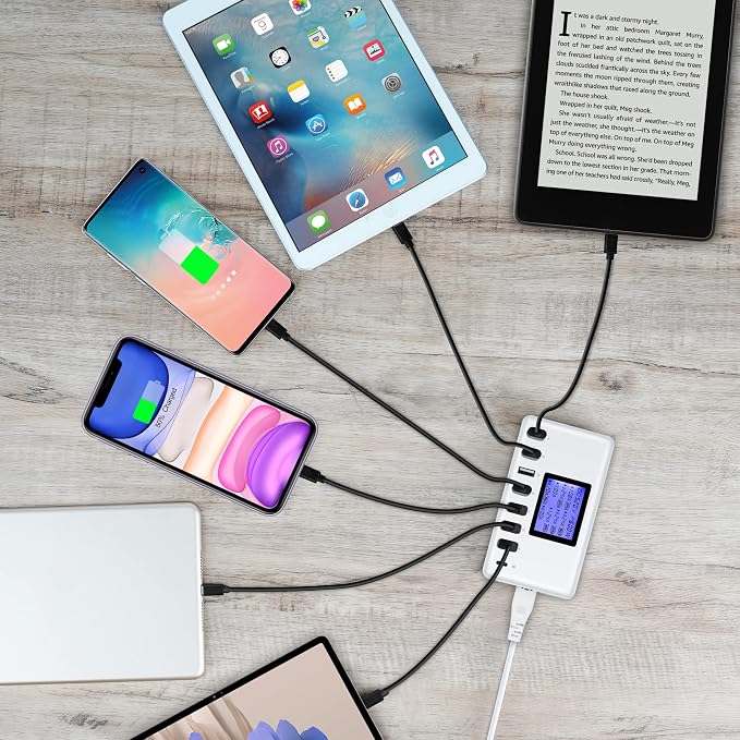 60W 12A 8-Port USB Charging Station - Multi Port USB Hub Charger with LCD Display - Compatible with iPhone, iPad, Samsung, Kindle, Tablet, Bluetooth Earbuds and More