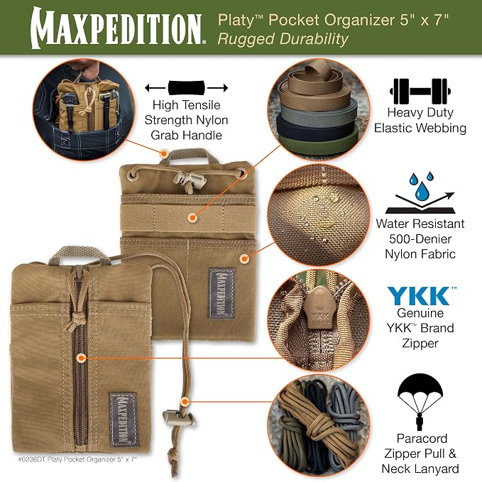 MAXPEDITION Platy Pocket Organizer, Durable EDC Tool Pouch for Men, Neck Wallet with Paracord Lanyard, Holds Flashlight, Multitool, Pen, Notebook