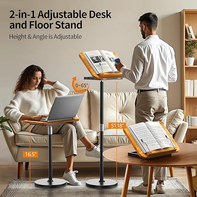 NAMON 2-in-1 Laptop Floor Stand & Desktop, Adjustable Height from 16.5" to 51", Wood Small Laptop Table, Tall Laptop Stand Perfect for Home, Office, Meeting Room, Study (Rubberwood Finish)