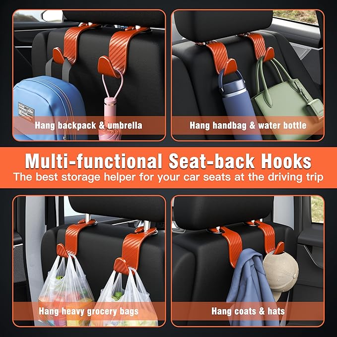 Amooca Car Seat Headrest Hook 4 Pack Hanger Universal Vehicle Car Storage Organizer for Handbag Purse Coat S Type Checkered Orange
