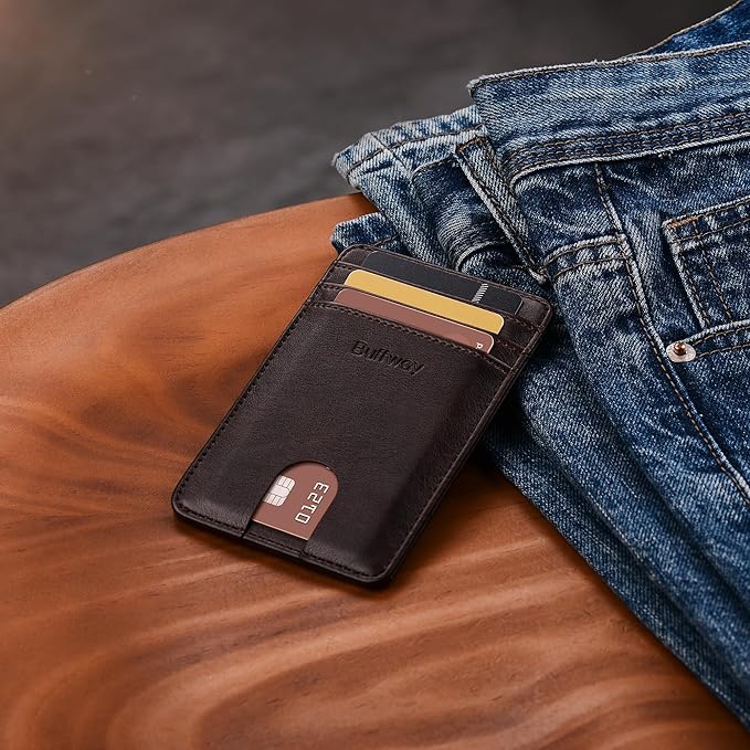 Buffway Mens Slim Wallet, Minimalist Thin Front Pocket Leather Credit Card Holder with RFID Blocking for Work Travel | Minimalist, Thin, Front Pocket, Credit Card Holder, RFID Blocking, for Work Travel