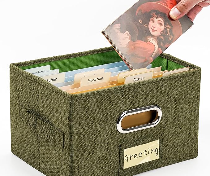 Greeting Card Organizer and Storage Box with 20 Pcs Adjustable Dividers, Storing Cards with 84 Pcs Labels Perfect for Storing Greeting Cards, Envelopes, Photos 1 Pack Olive Green