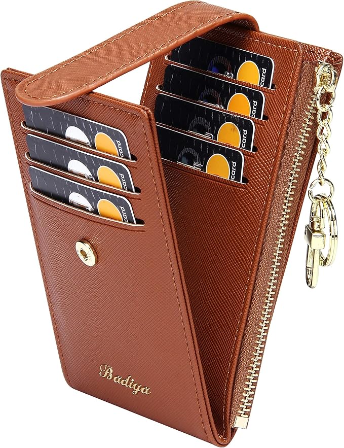 Badiya Slim Women Wallet RFID Blocking Bifold Compact 9 Card Slots Holder Wallets Soft Leather with Zipper Coin Pocket 2 ID Window