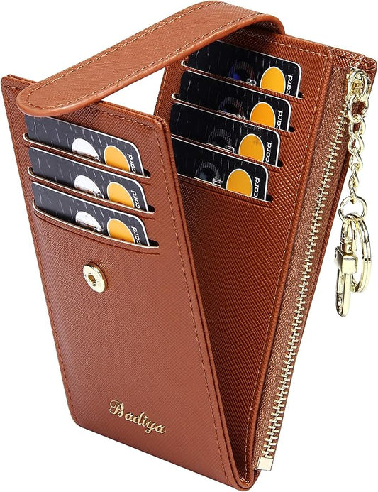 Badiya Slim Women Wallet RFID Blocking Bifold Compact 9 Card Slots Holder Wallets Soft Leather with Zipper Coin Pocket 2 ID Window