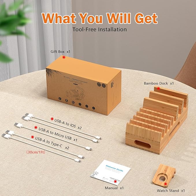 Pezin & Hulin Bamboo Charging Station Organizer for Multiple Devices & Wood Desktop Docking Charging Stand Such As Cell Phone, Tablets, Phone Case and Watch Stand(No USB Charger)