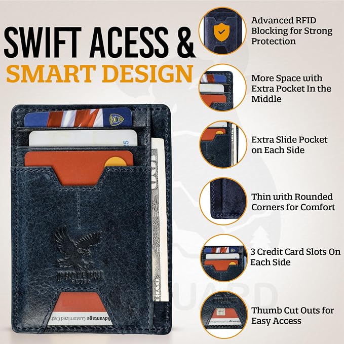 Mens RFID Blocking Leather Slim Card Case Wallet with Easy Access ID windows, Cash & Card Slots, Crafted with Premium Top Grain Leather Ideal for Travel or Everyday Use (Darkest Midnight Blue)