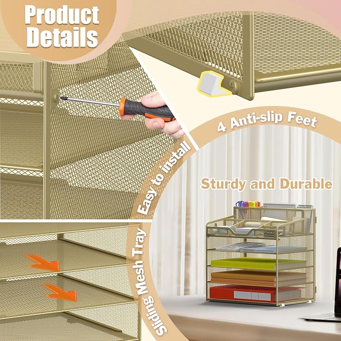 Docnest 5 Tier Mesh Desk Organizer for Paper Office Supplies – Multi-Functional Letter Tray with 5 Adjustable Compartments, 3 Pen Holders, Desktop Storage for Files, Mail, Stationery – Gold