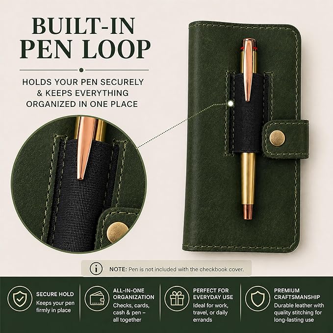 Genuine Leather Checkbook Cover Green - Handmade Check Holder with Divider & ID Window, Slim Organizer Wallet for Business, Travel & Everyday Use, 3.5 x 7 in