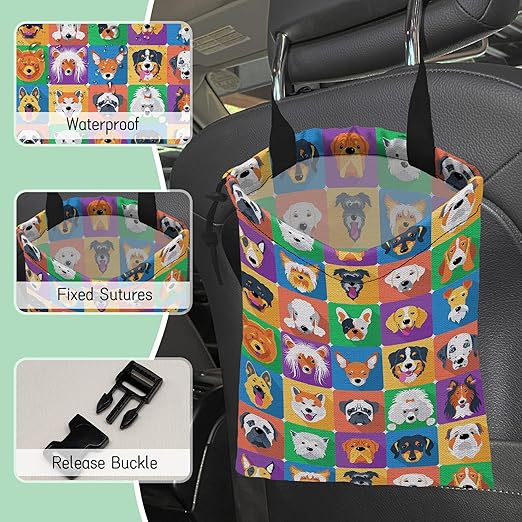 Dogs Face Car Garbage Bag,Waterproof Small Car Trash Bag Hanging Back of Seat,Drawstring Hanging Car Trash Bag with Adjustable Buckle for Car Accessories