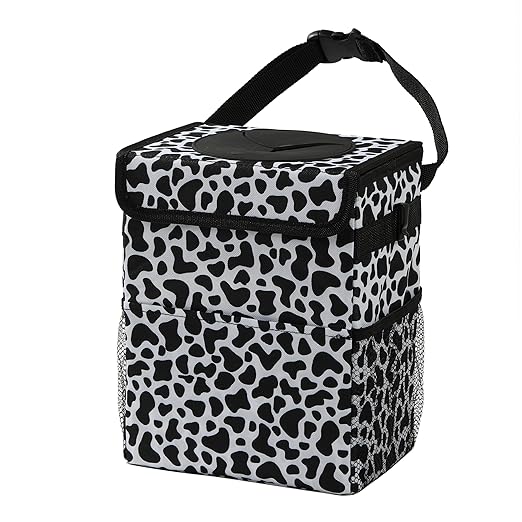 AOKJOY Car garbage can with lid Leak Proof Vehicle Trash Can 3 Storage Pockets Hanging Waterproof car trash bag for suv cow