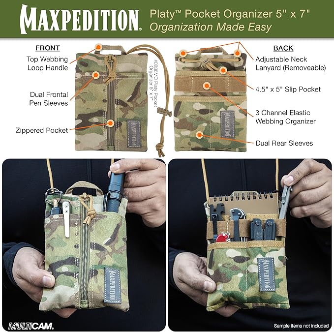 MAXPEDITION Platy Pocket Organizer, Durable EDC Tool Pouch for Men, Neck Wallet with Paracord Lanyard, Holds Flashlight, Multitool, Pen, Notebook