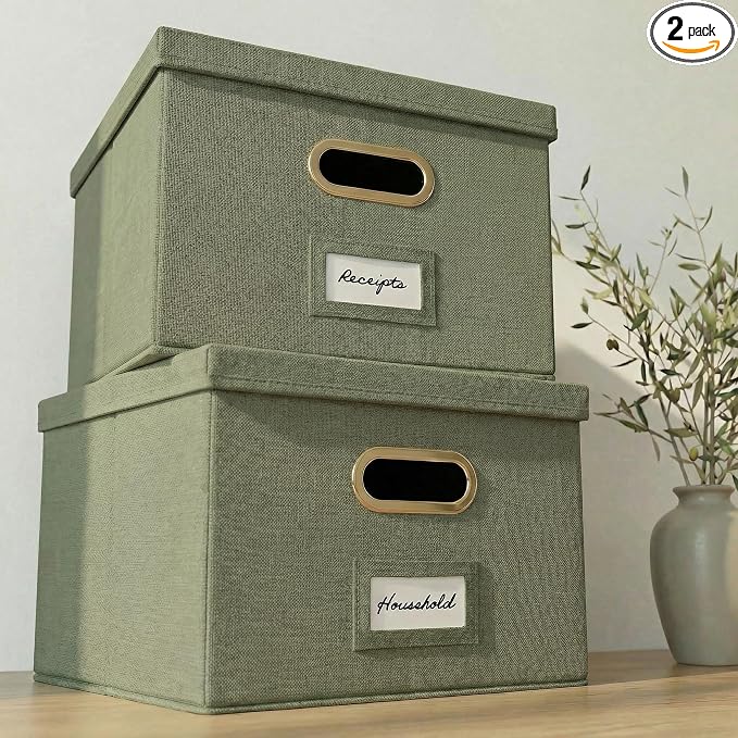 Decorative File Organizer Box Set of 2 - Collapsible Linen Filing Cabinets with Handles Are Perfect to Store All Your Documents & Hanging File Folders - Portable Easy Slide Office Crates with Lid