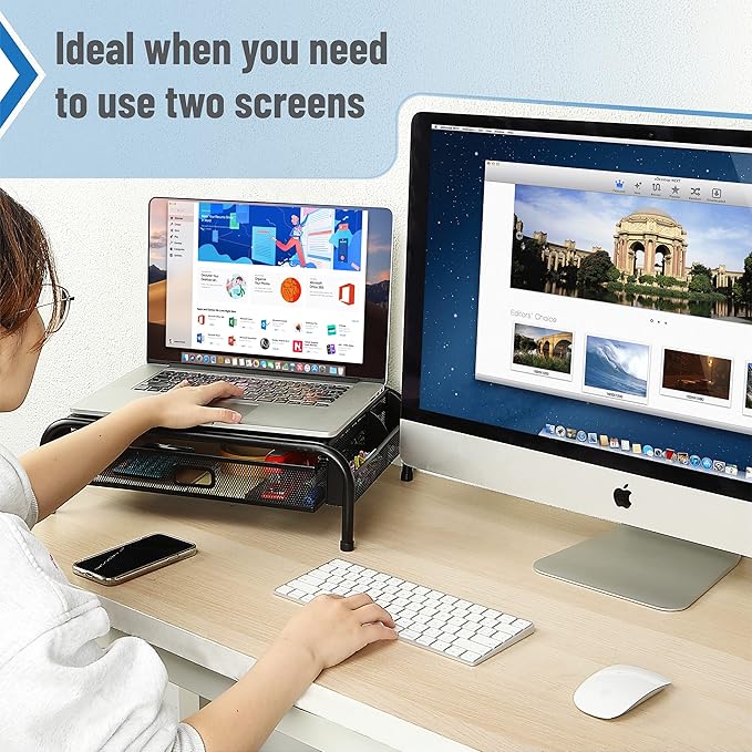 Mr. Pen- Metal Mesh Monitor Stand With Drawer, Computer Stand for Desk With Storage, Desktop Riser