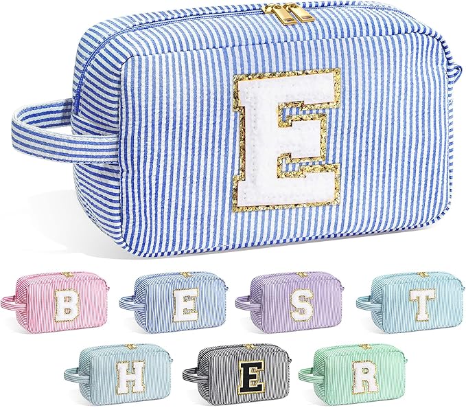 YOOLIFE Birthday Gifts for 6 7 8 9 10 11 12 13 14 15 Year Old Teen Girl - Initial Makeup Bag Letter Toiletry Pouch Cosmetic Case, Personalized Teen Girl Gifts Trendy Stuff Party Favor, Blue E