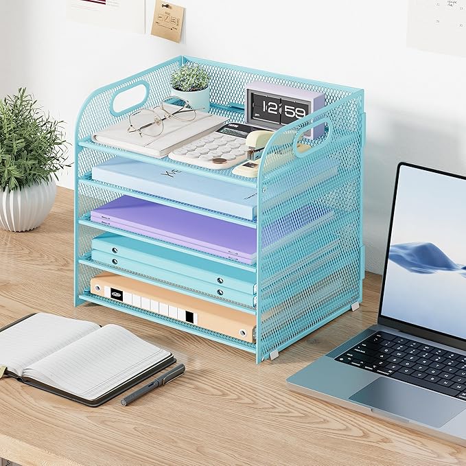 Cawukege 2 Pack 5 Tier Paper Organizer, Letter Tray with Handle, Mesh Desk Organizer, Metal File Organizer, Office Desk Accessories for Home, Office, Classroom, School -Blue
