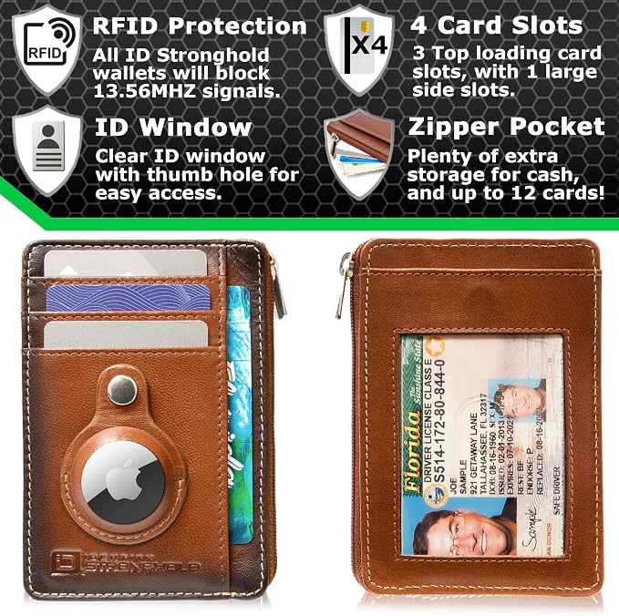 ID Stronghold RFID Blocking Front Pocket Wallet – Slim Minimalist Genuine Leather Wallet with Zipper Coin Pocket (Airtag Antiqued Brown)