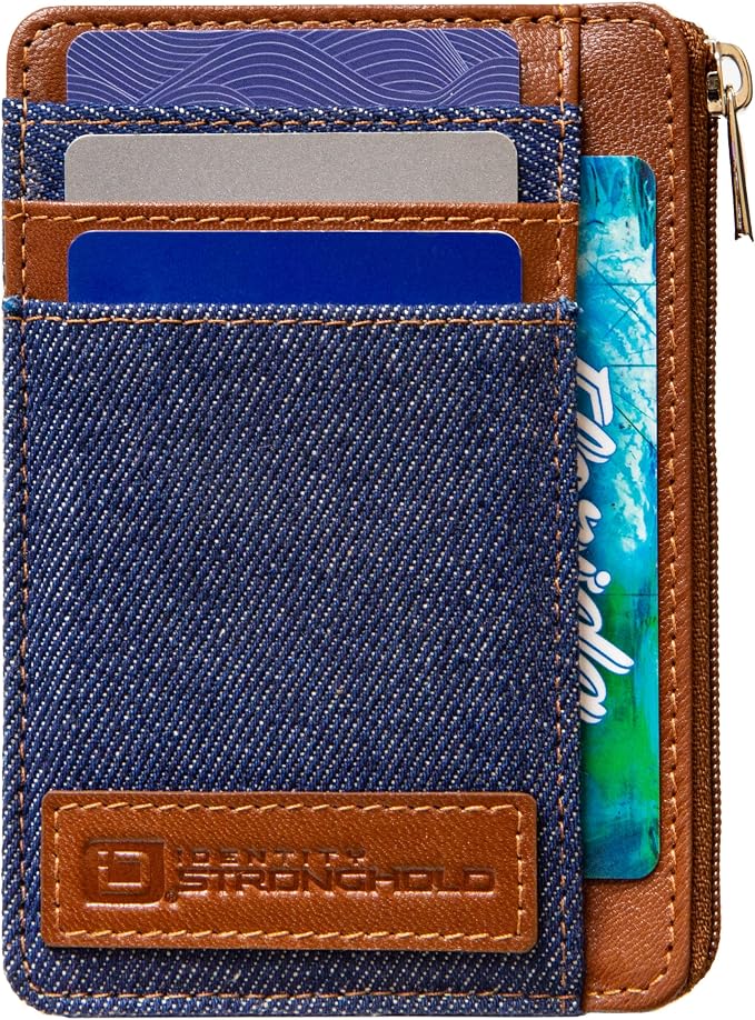 ID Stronghold RFID Blocking Front Pocket Wallet – Slim Minimalist Genuine Leather Wallet with Zipper Coin Pocket (Denim)