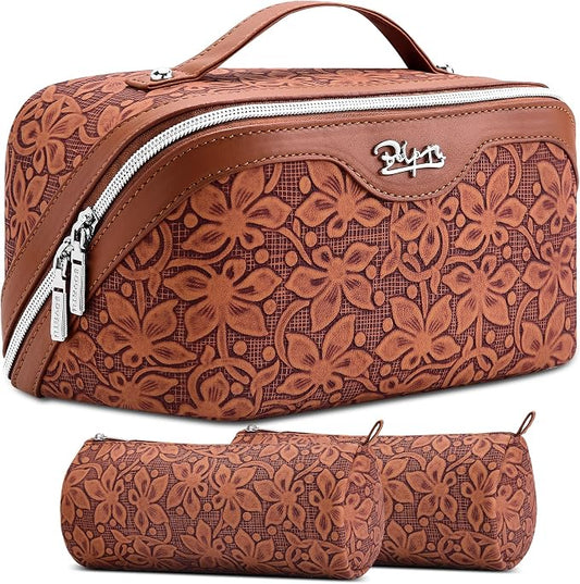 BOYATU Travel Makeup Bag Cosmetic Bags for Women: Large Capacity 3 Pcs Set Make up Bag with Compartments - Waterproof Vegan Leather Toiletry Organizer Bags with Handle (Z-61Brown)