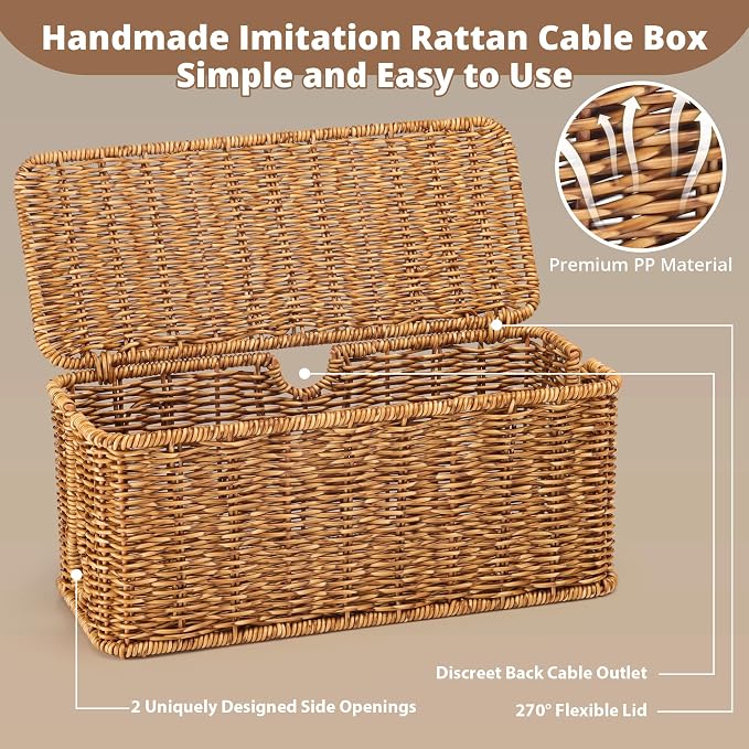 ZhiYo Rattan Cable Management Box, Speckled Brown, 12.5" x 5" x 5.2" | Handwoven imitation rattan cord organizer box conceals power strips and cables for a clean desk or floor setup