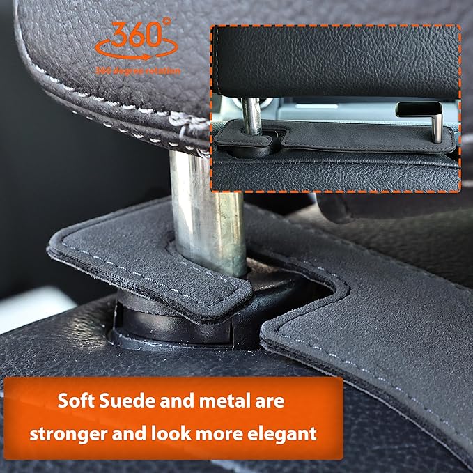 Car Seat Back Hook Metal with Suede Universal Vehicle Headrest Hangers Interior Storage Organizer for Purse Handbag Coat Grocery Bags 2 Pack Grey