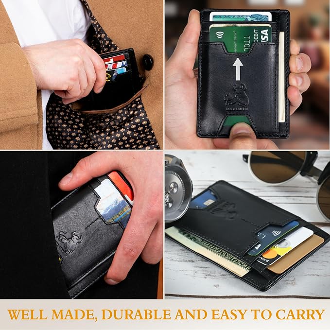 BULL GUARD Mens RFID Blocking Leather Slim Card Case Wallet with Easy Access ID windows, Cash & Card Slots, Crafted with Premium Top Grain Leather Ideal for Travel or Everyday Use (Nappa Black)