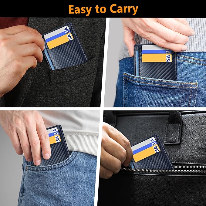 Travelambo Front Pocket Minimalist Leather Slim Wallet RFID Blocking Carbon Fiber Texture