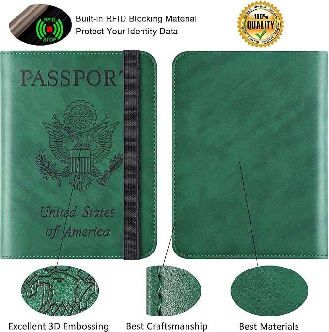 Passport Holder for Travel Essentials Wallet Rfid Blocking Cover Leather Case Vacation Travel Accessories for Women Men (602#Green)