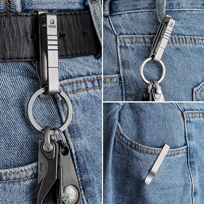 FEGVE Titanium Belt Clip with Key Ring and D-Shaped Keyring, Duty Belt Key Holder for Men (Grey)