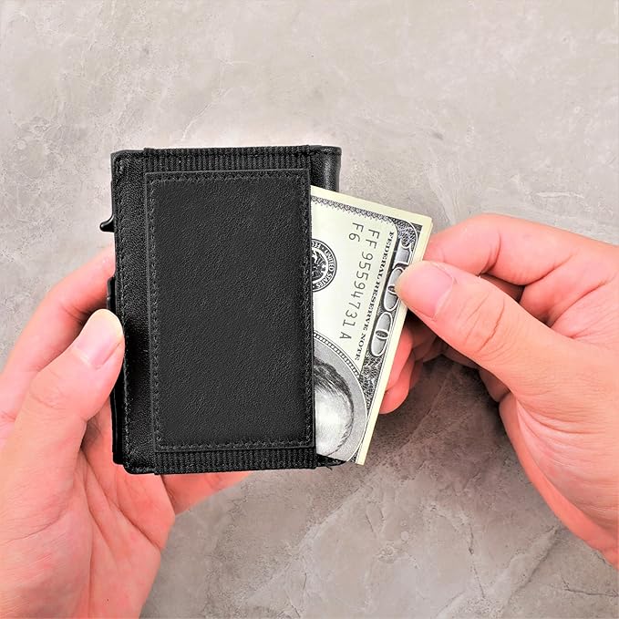 Minimalist Pop Up Wallet for Men | RFID Blocking Credit Card Holder Wallet with Money Clip | Mens Wallet Slim Bifold Front Pocket Metal Case with Gift Box (Genuine Full Grain Smooth Leather)