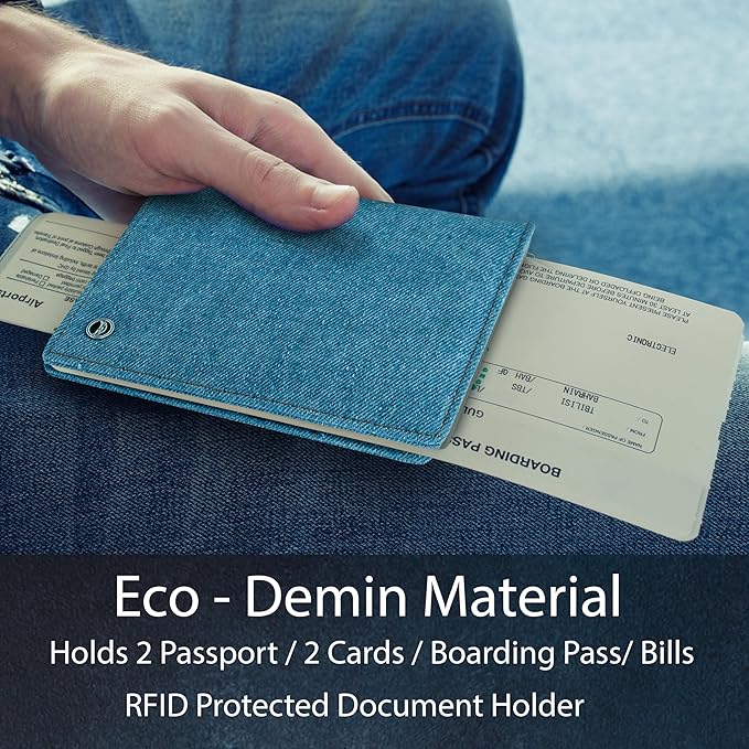 RFID Travel Passport Holder – Slim Credit Card & Document Organizer, Boarding Pass Wallet, Denim Eco Plane Essential Case Cover for Men Women (Blue Denim)