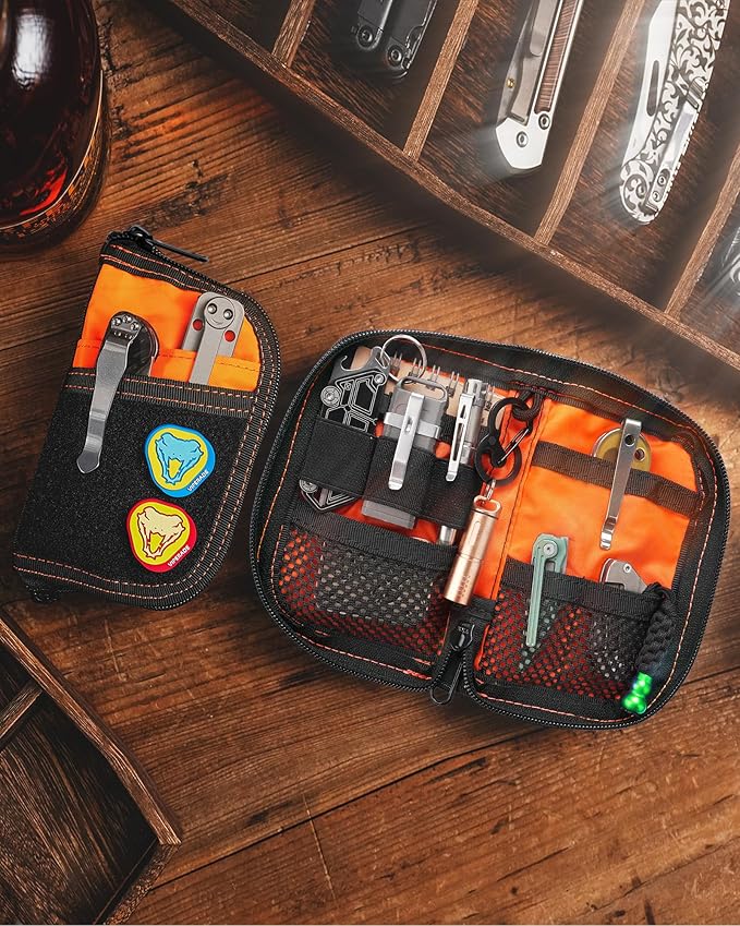 VIPERADE VE10 EDC Pouch Small Pocket Tool Pouch with 10 Compartments, Men's Pocket Organizer for Multitools, EDC Organizer with Patches Area for DIY (X-pac Orange)