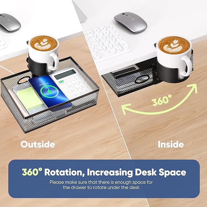 360 Rotating Under Desk Drawer Organizer with Cup Holder Clamp On Desk Drawer No Drilling Table Management Tray Anti-Slip Swivel Pencil Drawer Under Table Storage Easy Install for Home Office
