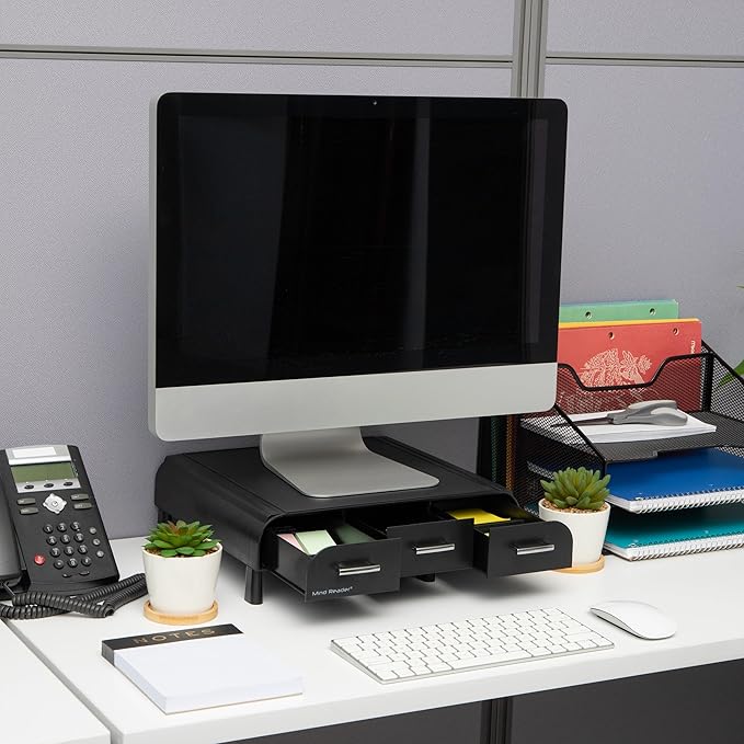 Mind Reader Monitor Stand, 3 Storage Drawers, Desktop Organizer, Riser, Office, 13.5"L x 13"W x 4"H, Set of 2, Black
