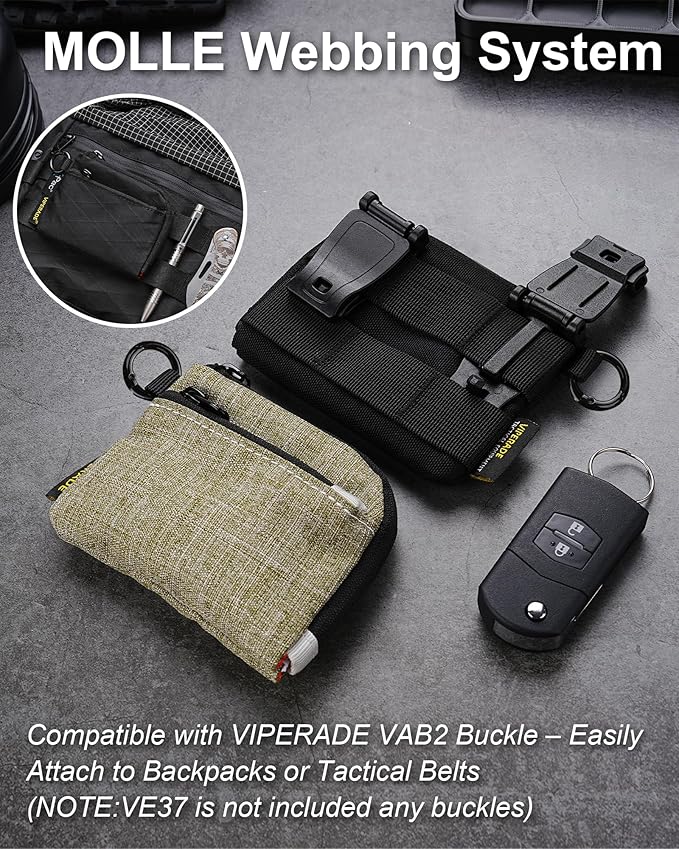 VIPERADE VE37 Mini EDC Pouch – Coin Purse for Men, Slim Zipper Wallet, EDC Gear Organizer, MOLLE Webbing Designed for VAB2 Clip-On Belt/Backpack Attachment, Everyday Carry Tactical Bag