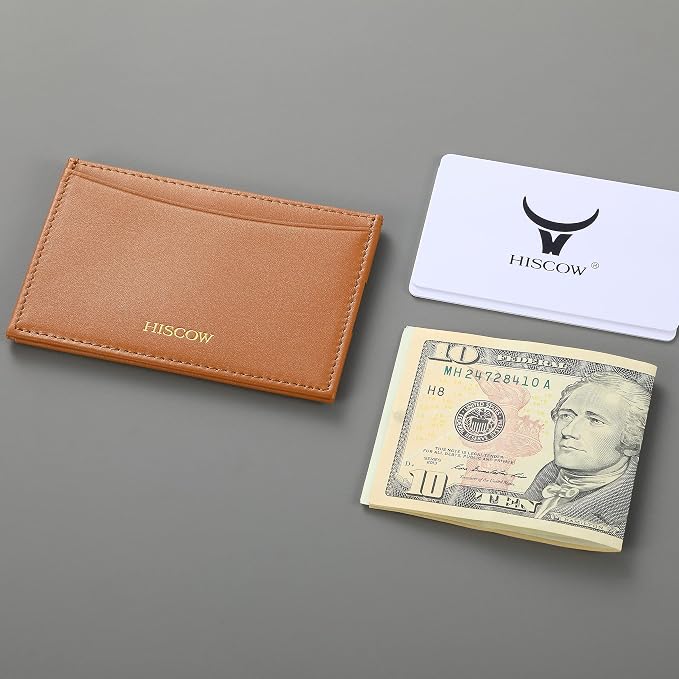 Leather Thin Card Holder, Slim ID Case Small Credit Card Wallet for Men & Women (Cognac)
