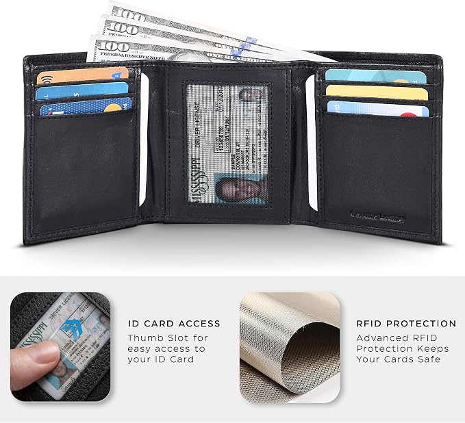 Tri fold Leather Wallet for Men with RFID | Slim Wallets for Men with 1 ID and 6 Credit card slots | Front Pocket Minimalist