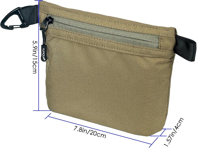 YUMQUA Water-Resistant Zipper Pouch with Carabiner Clip, Small Nylon Multipurpose Travel Digital Cosmetics Toiletry Bag Tool Storage Pouch, Khaki