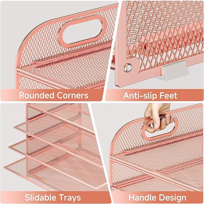Paper Organizer Letter Tray with Handle Mesh 5 Trays Desk File Organizer Paper Sorter Desk Organizer for Office, Home or School-Rose Gold
