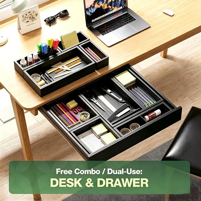 9-Pack Solid Wood Junk Drawer Organizer, Modular Desk Drawer Tray & Accessories with Non-Slip Pad, Multi-Use for Kitchen, Office, Bedroom Dresser, Utensil, Makeup, Stationery, Tea Bags & Coffee Pod