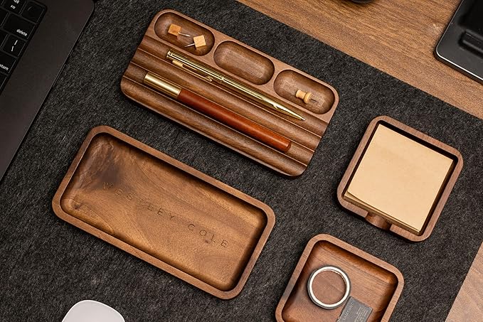 MUUJEE Engraved Wooden Desk Organization 4 Piece Set - for Desk Accessories Work Professional Office Teacher Dad Wood Tray Rustic Minimalist Organizer Pens Pencils Sticky Notes
