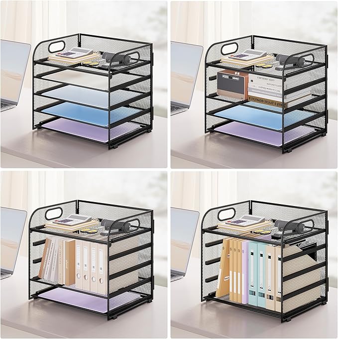 Paper Organizer Letter Tray with Handle Mesh 5 Trays Desk File Organizer Paper Sorter Desk Organizer for Office, Home or School-Black 2 Pack