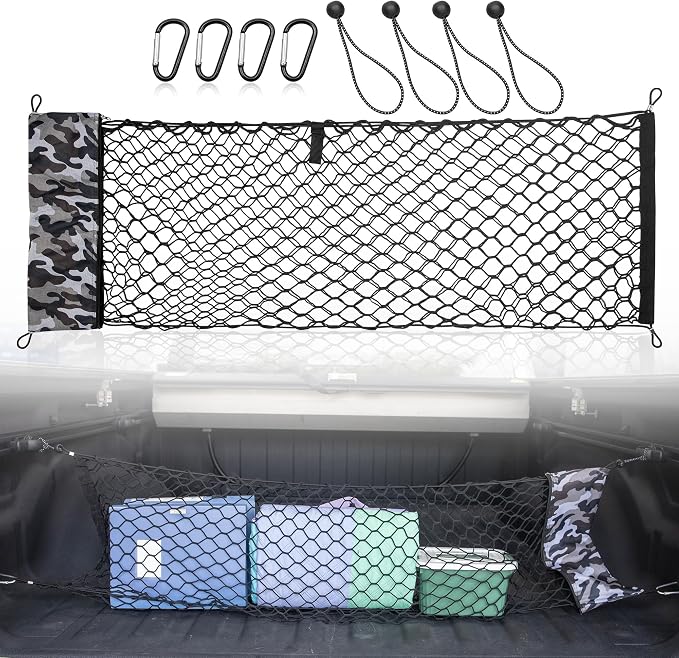 RED WOLF Truck Bed Cargo Net with Storage Bag Fit for GMC Sierra/Chevy Silverado/Ford F-150, Universal Envelope Style Pickup Truck Elastic Organizer Net Groceries Storage Netting